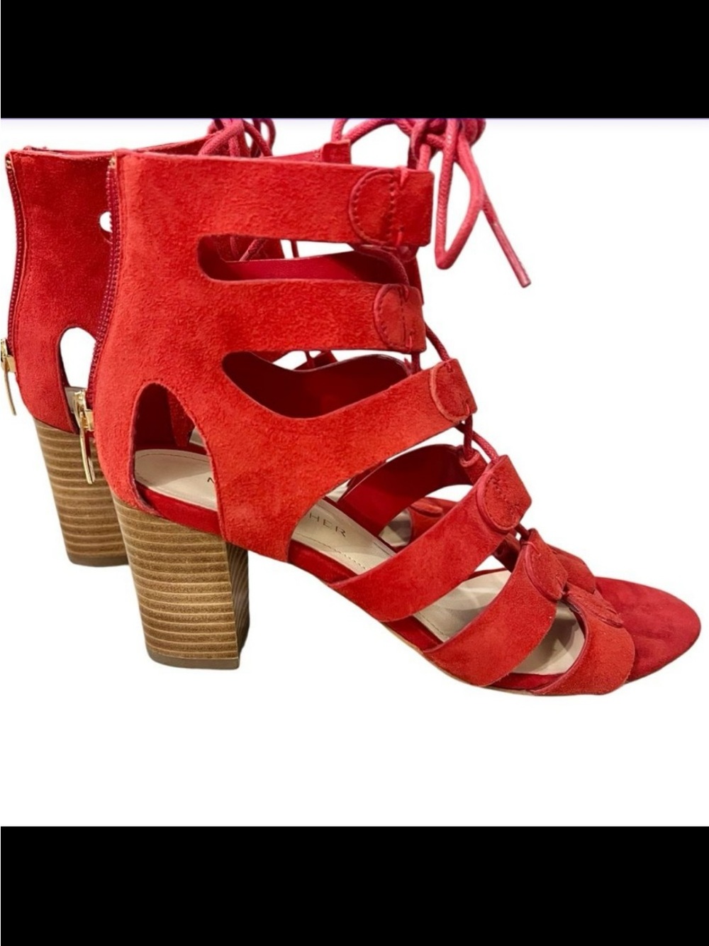 Marc Fisher Gladiator Heels Paradox Red Size 5 Suede Lace Up Gold